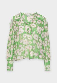 Groene bloemenblouse met een lichtgewicht, doorschijnende stof en lange mouwen, voorzien van geplooide details en een strik bij de halslijn.
