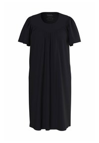 Abito nero con una vestibilità comoda, maniche a volant corte e un sottile dettaglio arricciato sul davanti. Realizzato in tessuto leggero.