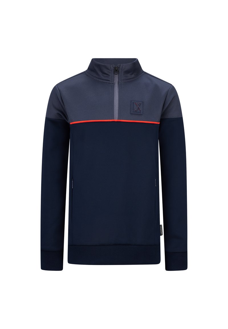 Felpa con zip navy blue, con una parte superiore testurizzata, striscia rossa orizzontale sul petto e una patch del logo sul lato sinistro.