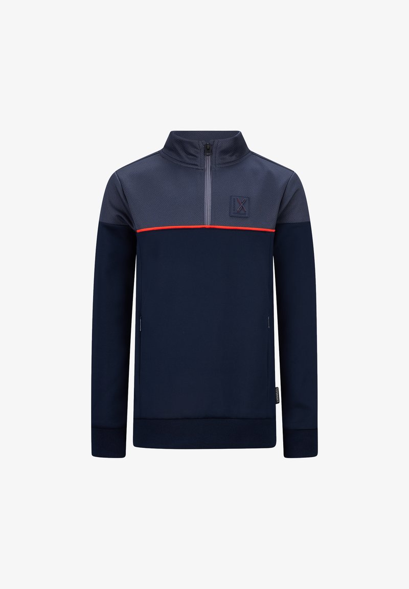 Felpa con zip navy blue, con una parte superiore testurizzata, striscia rossa orizzontale sul petto e una patch del logo sul lato sinistro.