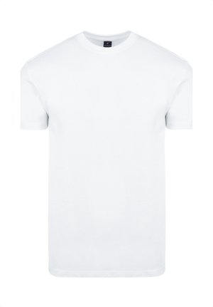 Effen wit T-shirt met korte mouwen en ronde hals, plat gelegd met zichtbare zwarte merklabel onder de kraag.