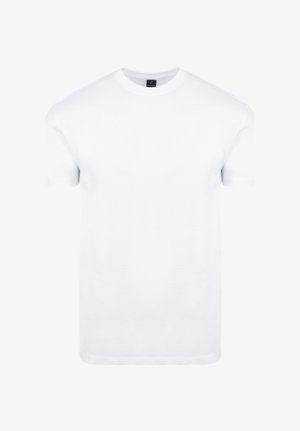 Effen wit T-shirt met korte mouwen en ronde hals, plat gelegd met zichtbare zwarte merklabel onder de kraag.