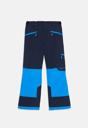 Navyblaue Skihosen mit einem zweifarbigen Design, mehreren Reißverschlusstaschen und einem Logo. Hergestellt aus robustem, wetterfestem Material.