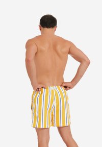 Costume da bagno a righe gialle e bianche con dettagli blu, dotato di una vita elastica e un'etichetta sul retro. La vista è da dietro.