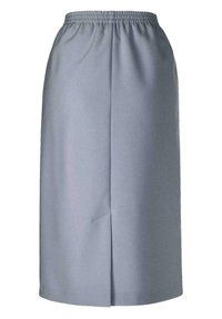 Grauer Rock mit elastischem Bund, knielang, mit einem seitlichen Schlitz und glattem, leichtem Stoff. Einfaches und vielseitiges Design.