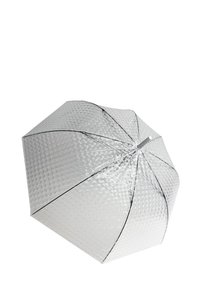 Clear umbrella with a textured surface, featuring a honeycomb pattern and a black trim. Steel frame and ergonomic handle.