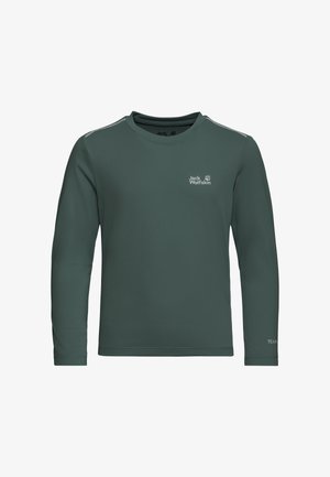 Chemise à manches longues en vert foncé, tissu léger avec finition texturée. Présente un logo sur le haut à gauche et des accents réfléchissants sur les épaules.