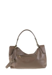 Borsa a tracolla in pelle marrone con manico superiore, tasca frontale con zip e tracolla regolabile, esposta su uno sfondo bianco.