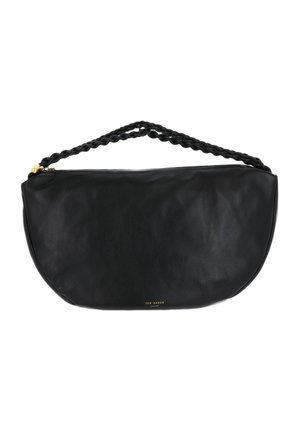 Sac à main en cuir noir en forme de demi-lune avec poignée tressée et fermeture éclair dorée, petit logo Ted Baker London doré en bas au centre.