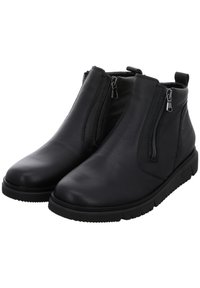 Schwarze Lederstiefeletten mit zwei seitlichen Reißverschlüssen, rundem Zehenbereich und strukturierten Gummisohlen. Sie verfügen über ein glattes Obermaterial und eine robuste Verarbeitung.
