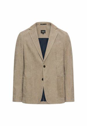Beige Corduroy-Blazer mit Reverskragen, zwei Fronttaschen und einem Knopfverschluss; marineblaue Innenauskleidung; strukturierte Oberfläche.
