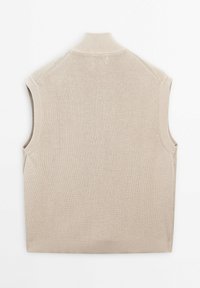 Beige ärmellose Strickweste mit hohem Kragen, aus strukturiertem Stoff und mit geripptem Saum. Einfaches, schlankes Design ohne Verzierungen.