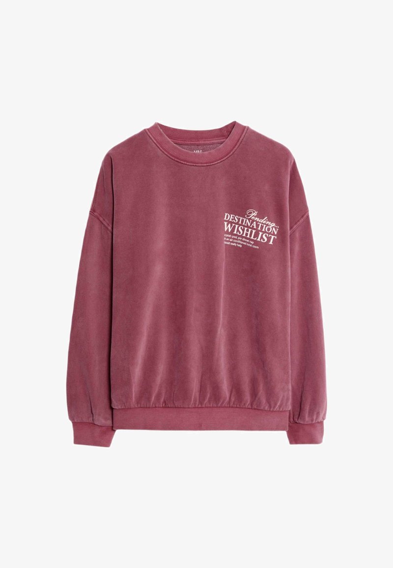 Bordeaux-Hoodie aus weichem Stoff, mit rundem Ausschnitt und gerippten Bündchen. Auf der Vorderseite steht "Ausstehend: Wunschziel-Liste."