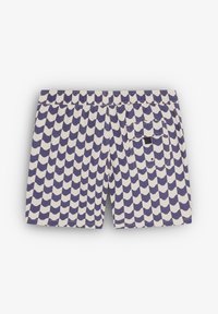 Șorturi de înot dintr-un material ușor, cu un model ondulat violet și alb-crem, talie elastică și un buzunar pe spate.