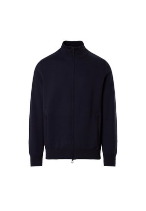 Pull noir à fermeture éclair, col montant et manches longues, avec poches latérales zippées et poignets et ourlet côtelés.