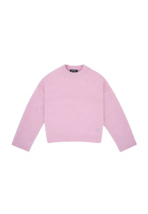 Maglione girocollo lilla a maglia con maniche lunghe e polsini, orlo e scollo a coste, con un piccolo logo "WB" vicino all'orlo.