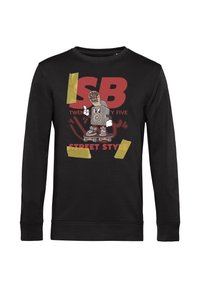 Černá mikina s dlouhými rukávy, na které je grafika kresleného reproduktoru na skateboardu a tučný text v červených a žlutých akcentších.