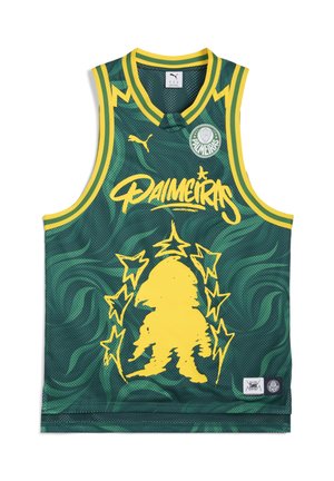 Ärmlös baskettröja, grön med gula accenter, med en stor gul grafik och virvlande mönster. Tillverkad av ett andningsbart meshmaterial.