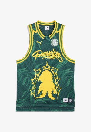 Camiseta de baloncesto sin mangas, verde con acentos amarillos, que presenta un gran gráfico amarillo y un patrón en espiral. Hecha de material de malla transpirable.