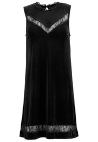 Robe noire en velours sans manches avec bordure en dentelle à l'encolure, poitrine en forme de V et le long de l'ourlet.