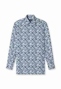 Langärmliges Hemd aus hellblauem Stoff mit einem floralen Muster in verschiedenen Blau- und Grüntönen, mit einem button-down Kragen.