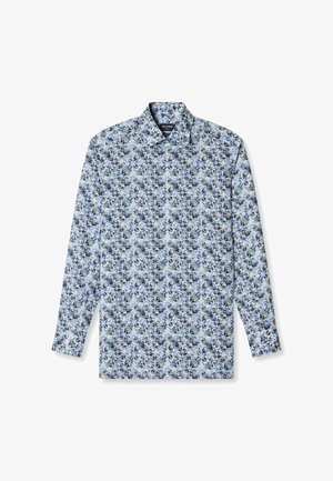 Langärmliges Hemd aus hellblauem Stoff mit einem floralen Muster in verschiedenen Blau- und Grüntönen, mit einem button-down Kragen.