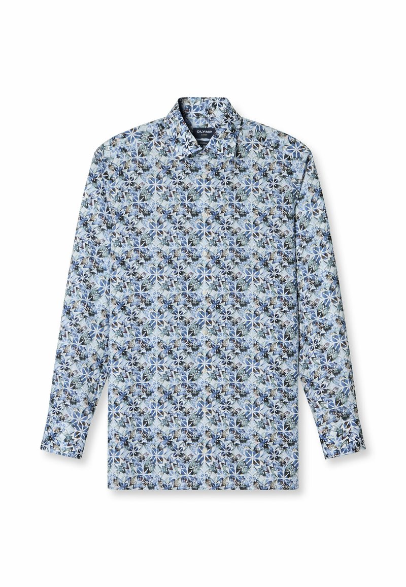 Langärmliges Hemd aus hellblauem Stoff mit einem floralen Muster in verschiedenen Blau- und Grüntönen, mit einem button-down Kragen.