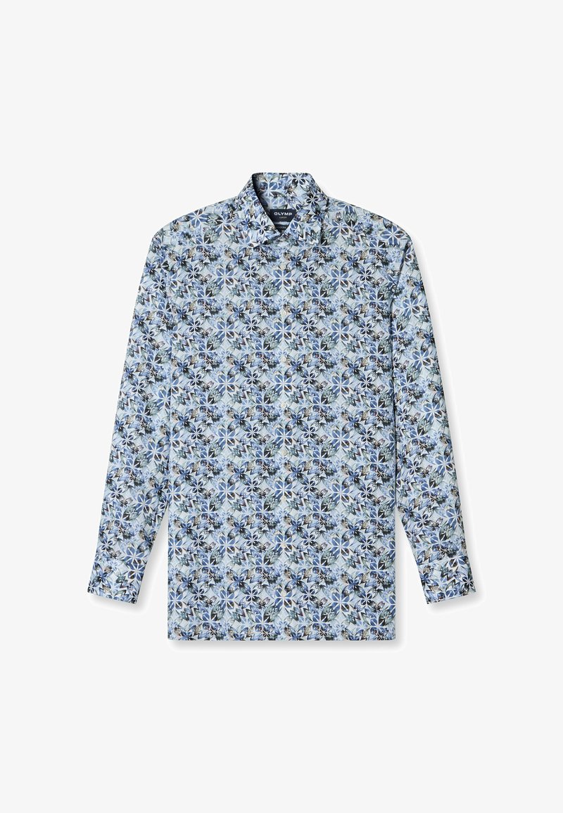 Langärmliges Hemd aus hellblauem Stoff mit einem floralen Muster in verschiedenen Blau- und Grüntönen, mit einem button-down Kragen.