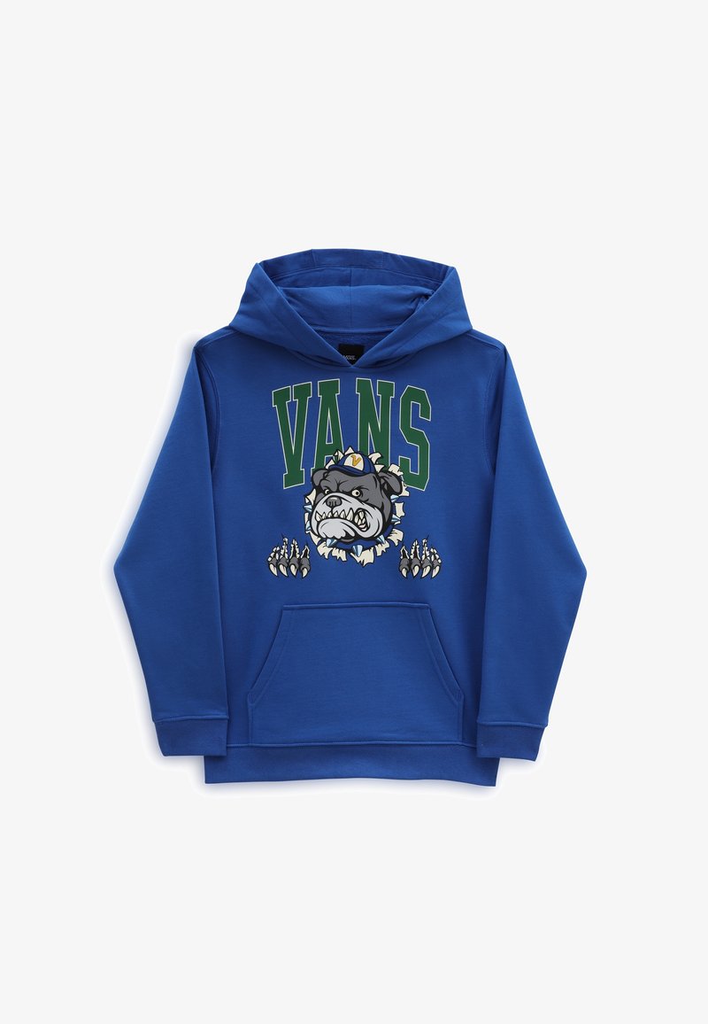 Sweat à capuche bleu avec poche avant, avec un texte vert "VANS" et un graphique d'un bouledogue agressif avec des griffes.