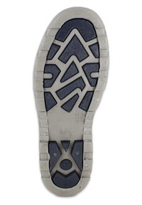 Zwarte rubberen schoenzool met een zigzag loopvlak, grijze accenten en verhoogde textuurgebieden. Merktekens zijn "Made in Italy" en maat "37."