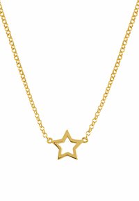 Collar de oro con un colgante en forma de estrella que presenta un diseño abierto, unido a una delicada cadena con secciones enlazadas.