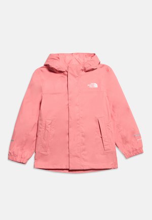Giacca impermeabile rosa per bambini con cappuccio, tasche frontali, polsini elastici e logo The North Face sul petto.