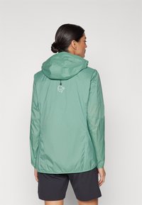 Light green, lightweight jacket with a hood, elastic cuffs, and a drawstring hem. Features a logo on the back and a smooth texture.