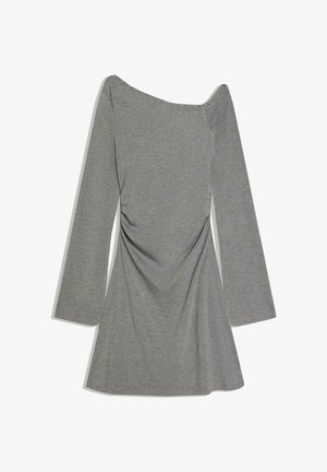 Grey long-sleeve dress with asymmetrical neckline adorned with small silver studs, slightly ruched waist, and flared skirt.