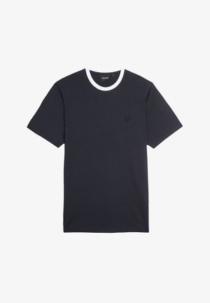 Marineblå t-shirt med korte ærmer, hvid rund hals og lille broderet logo på venstre bryst.