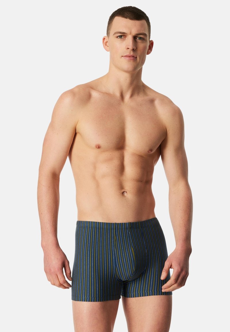 Blå och gröna randiga herrboxershorts i ett mjukt tyg, med en åtsittande passform och elastisk midjeresår för komfort.