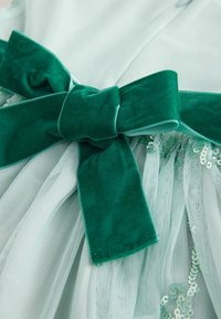 Un fiocco di velluto verde stringe un abito azzurro chiaro con tulle a strati e paillettes argento. Il tessuto ha una consistenza morbida e una forma fluida.