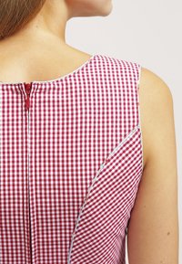 Rot-weiße karierte Kleid mit tailliertem Design, ausgestattet mit einem Reißverschluss auf der Rückseite und dezenten Nähten entlang der Säume.