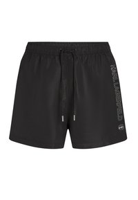 Čierne plavecké šortky s elastickým pásom, nastaviteľným sťahovacím šnúrkou a strieborným logom na boku. Hladká, ľahká látka.