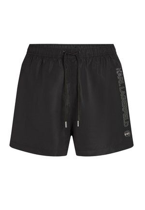 Fekete fürdőnadrág elasztikus derékpánttal, állítható húzózsinórral és ezüst logó díszítéssel az oldalon. Sima, könnyű anyag.