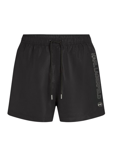 Shorts de maillot de bain noirs avec une ceinture élastique, un cordon de serrage ajustable et un logo argenté sur le côté. Tissu lisse et léger.