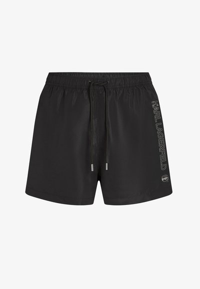 Shorts de maillot de bain noirs avec une ceinture élastique, un cordon de serrage ajustable et un logo argenté sur le côté. Tissu lisse et léger.