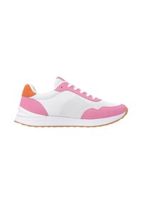 Pink and white athletic shoe with mesh material, lace-up design, rubber sole, and an orange accent on the heel. Lightweight and contemporary shape.