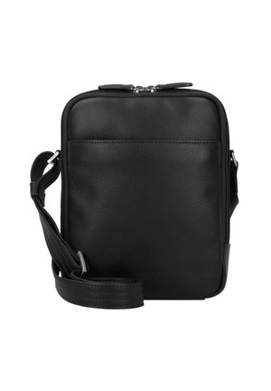 Schwarze Leder-Crossbody-Tasche mit strukturiertem Finish, rechteckiger Form, Reißverschlussoberseite, verstellbarem Trageriemen und Detailtasche auf der Vorderseite.