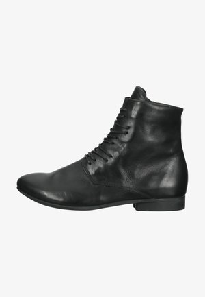 Schwarze Leder-Ankle-Boots mit runder Zehenform, einfacher Schnürung, matter Oberfläche und einer niedrigen, flachen Gummisohle.
