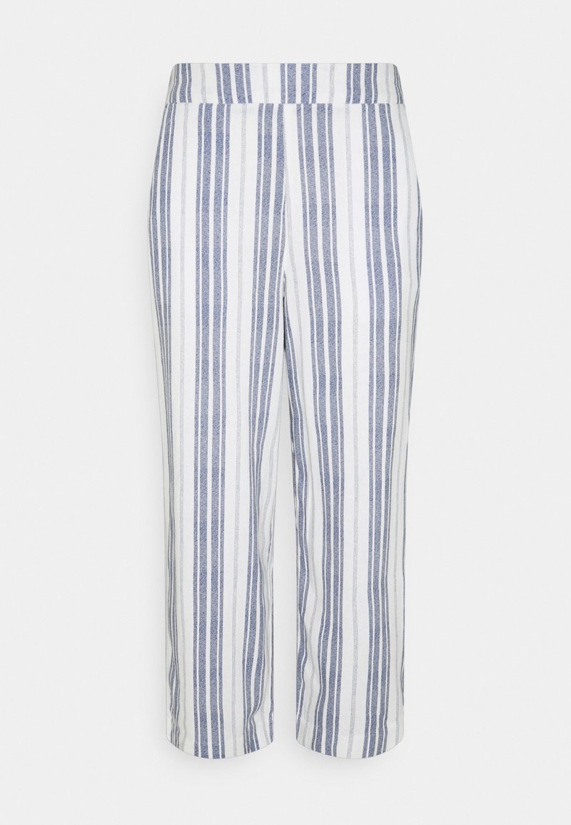 Pantalon court rayé blanc et marine avec une large ceinture. Confectionné en tissu léger, présentant des lignes verticales et une coupe décontractée.
