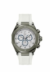 Orologio con cinturino in silicone bianco, cassa ottagonale in acciaio inox argentato, quadrante bianco testurizzato e accenti blu sui subquadranti del cronografo.