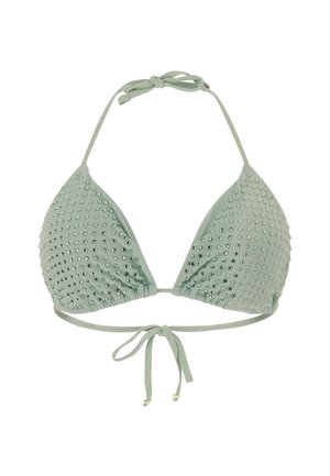 Mint green bikini top with a triangular design, embellished with small metallic studs, featuring adjustable ties at the neck and back.
