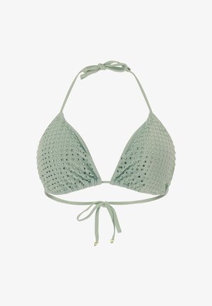 Mēteļu zaļa bikini augšdaļa ar trīsstūra dizainu, rotāta ar mazām metāla dībeļiem, ar regulējamām saites kaklā un aizmugurē.