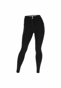 Leggings neri con un design aderente, dotati di un cinturino alto, due tasche frontali e un dettaglio di chiusura a bottone nella parte superiore.